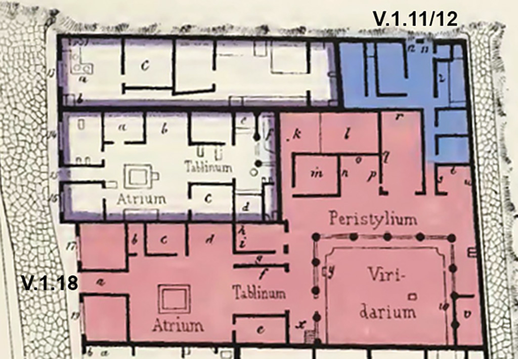 V.1.18.11.12 Pompeii. 1882 plan by Presuhn indicating location of rooms and features as outlined in his text.
See Presuhn E., 1882. Pompeji: Die Neuesten Ausgrabungen von 1874 bis 1881. Leipzig: Weigel. Abtheilung II.