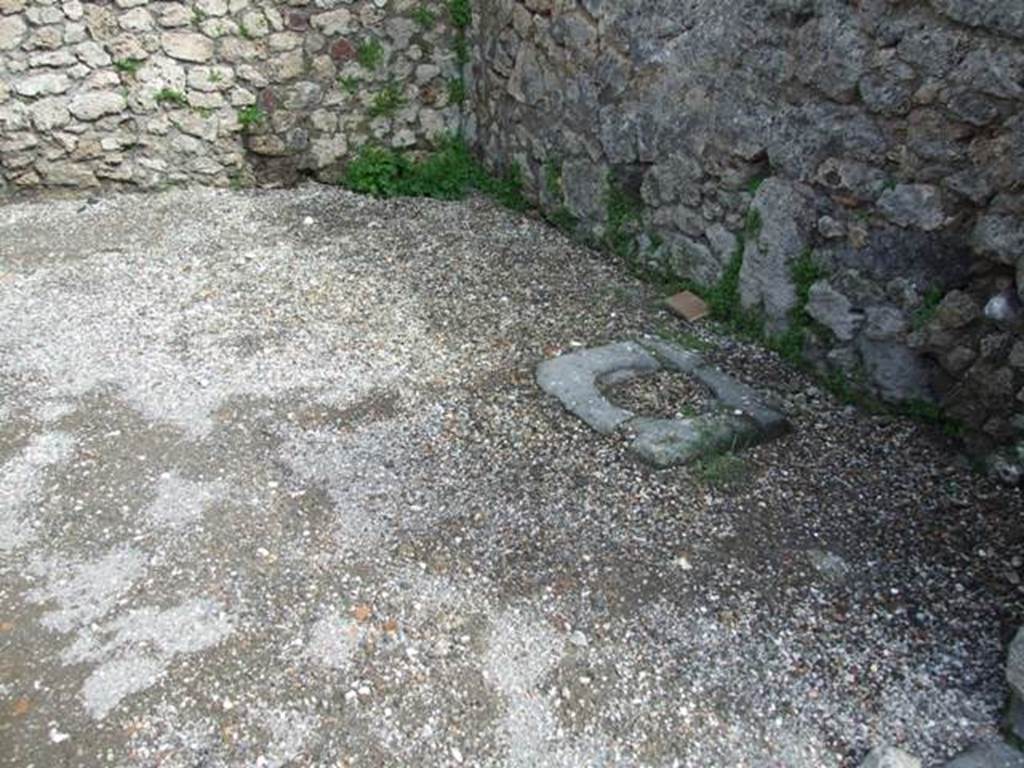 V.1.19 Pompeii. March 2009.  Cistern mouth near south wall.
According to Van der Poel, this shop was bombed in 1943. The mouth of the well no longer existed in 1986, perhaps obstructed or destroyed during the bombing. See Van der Poel, H. B., 1986. Corpus Topographicum Pompeianum, Part IIIA. Austin: University of Texas. (p.70)
Garcia y Garcia also said the shop was partly damaged. The mouth of the cistern, also recorded by Viola, seemed to be closed since the bombing. See Garcia y Garcia, L., 2006. Danni di guerra a Pompei. Rome: L’Erma di Bretschneider. (p.62)
