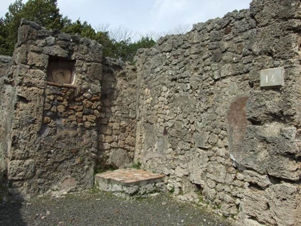 V.2.14 Pompeii.  March 2009.  East wall of shop with base for stairs to upper floor in north east corner.