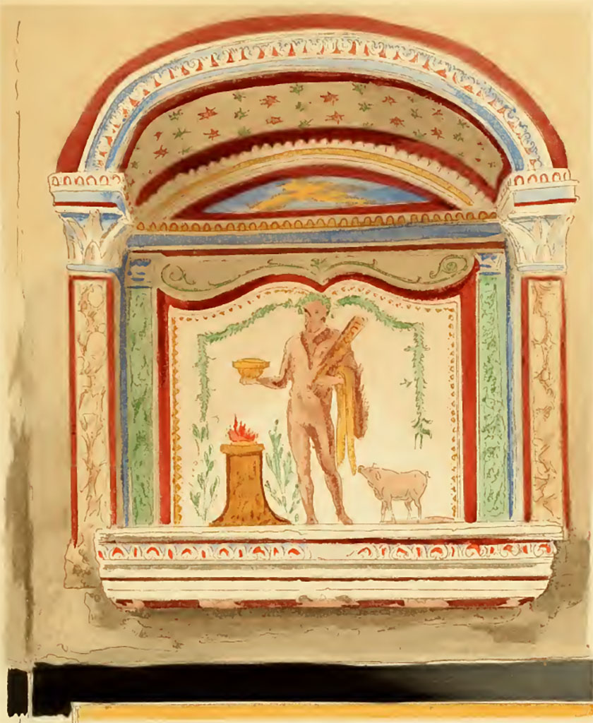 V.2.h Pompeii. Undated painting by Pierre Gusman. Lararium niche painting in north wall of area ‘k’.  
(XXVII. 1° Laraire consacré à Hercule, partie annexe de la maison des Noces d'argent (Région V, 2). Quatrième style.)
See Gusman P., 1924. La Décoration Murale de Pompei. Paris : Morancé, pl. XXVII,1.
