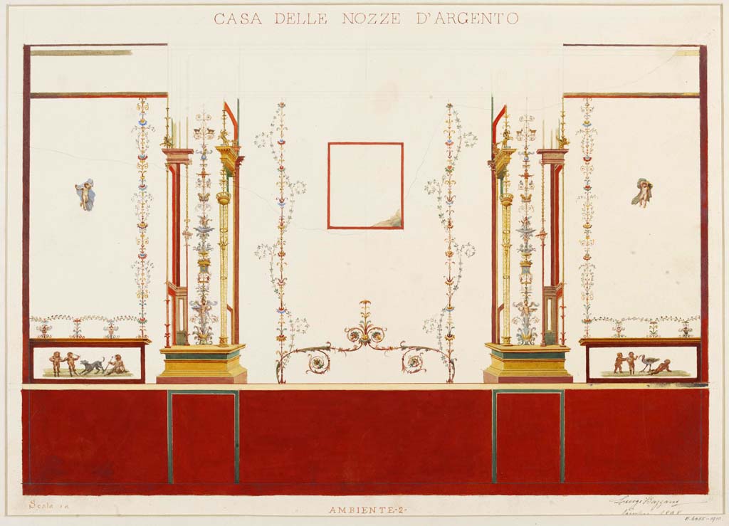 V.2.i Pompeii. 1898. Watercolour by Luigi Bazzani, showing west wall of (our) Room 9, described as “Ambiente 2” on photo.
Photo © Victoria and Albert Museum, inventory number E.6255-1910.
(Note: in our photo of the south end of west wall, there is no central dog and the two figures on the left seem to have helmets and shields).
