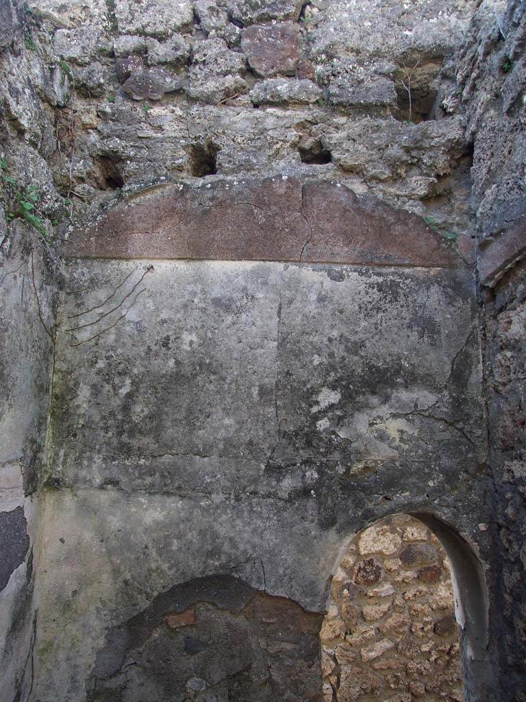 V.3.8 Pompeii. March 2009. 
West wall of latrine. Remains of painted plaster and outline of vaulted ceiling.
