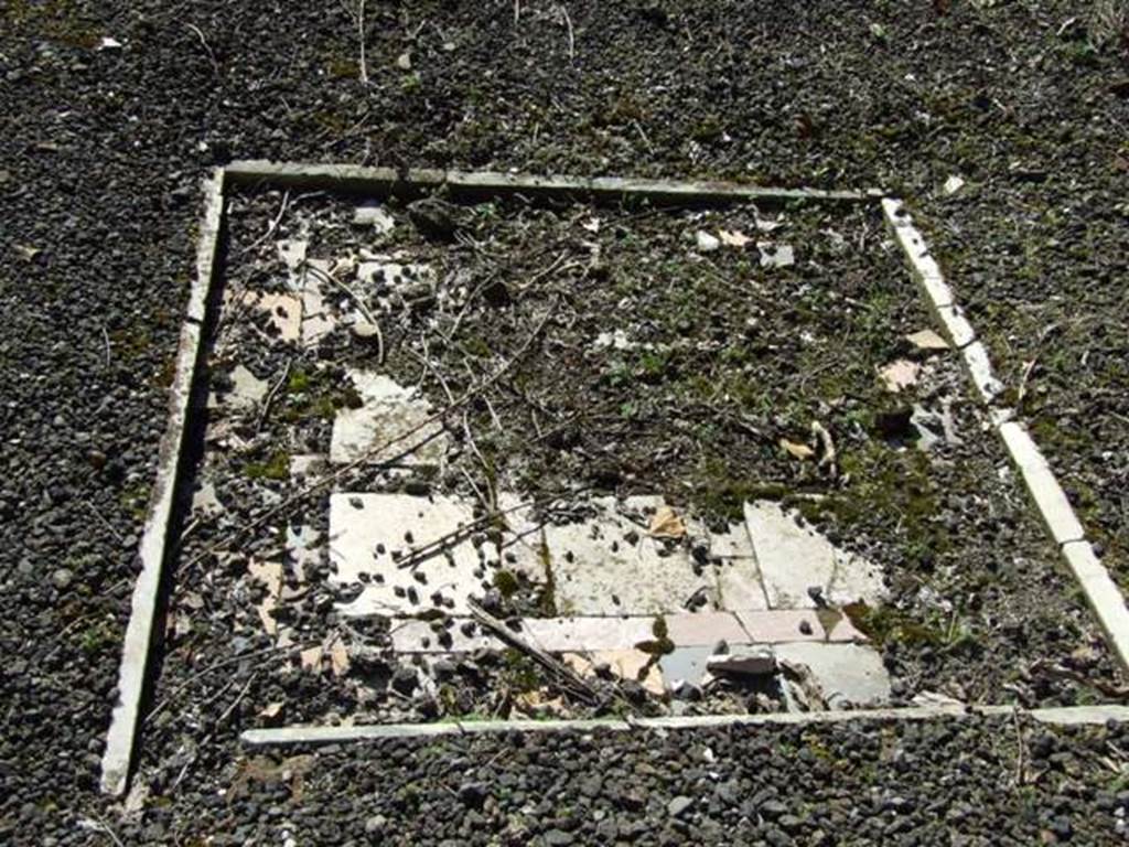 V.3.11 Pompeii. March 2009. Impluvium, looking west. According to NdS, the floor of the impluvium consisted of fragments of marble slabs of different colours. The border, 10cm tall, had a first facing of red plaster which had then been recovered by a second facing, which had been left unfinished. A small square brick pilaster was joined in a manner to form a table, also in masonry. The tube that carried the water to the statuette that was on the table, ran up the pilaster. See Notizie degli Scavi, 1902 (p.370)
