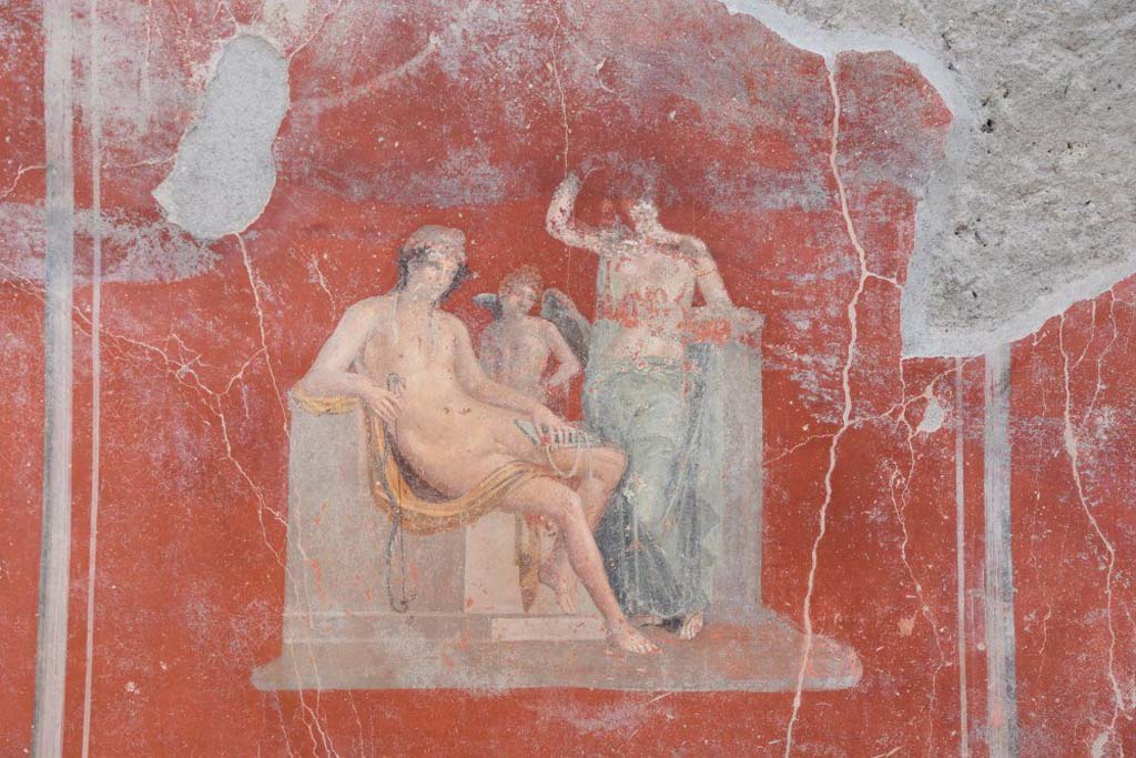 V.3 Pompeii. Casa del Giardino. October 2018. Ambiente 3, east wall. Painting of Venus with a male figure (perhaps Adonis or Paris) and with Eros.

Dipinti di Venere con una figura maschile (forse Adone o Paride) e con Eros.

Photograph © Parco Archeologico di Pompei.
