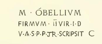 The garden A was preceded by portico B supported by a column, which was near to a low pilaster. 
On the west wall of this portico, above a layer of lime-plaster placed on the raw plaster, one read painted in red letters the following inscription 
Sogliano read the link of the third line: iter(um).

According to Epigraphik-Datenbank Clauss/Slaby (See www.manfredclauss.de) this read
M(arcum) Obellium / Firmum IIvir(um) i(ure) d(icundo) v(iis) a(edibus) s(acris) p(ublicis) p(rocurandis) scripsit C[3]      [CIL IV 6621]
