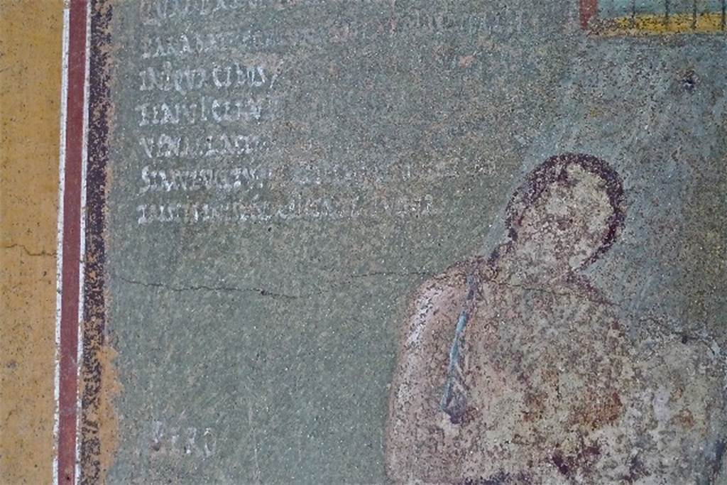 V.4.a Pompeii. July 2010. South wall of cubiculum to south of tablinum. Photo courtesy of Michael Binns. Wall painting of Pero suckling her father Micone. A Latin inscription in white letters can be seen in the top left corner. According to NdS, in the left margin of the picture near the woman are the letters PERO. In the right margin of the picture near the old man are the letters MICON. See Notizie degli Scavi di Antichità, 1900, p. 199-200, fig. 1. According to Epigraphik-Datenbank Clauss/Slaby (See www.manfredclauss.de) these read -

Pero       [CIL IV 6635a]

Micon    [CIL IV 6635b] 

Quae parvis mater natis alimenta  
parabat Fortuna in patrios vertit 
 iniqua cibos aevo dignum opus est 
 tenui cervice seniles asp[ice ia]m 
 venate lacte re[plente tument interto]q(ue) simul voltu fri(c)at ipsa Miconem pero 
tristis inest cum pietate pudor       [CIL IV, 6635c]
