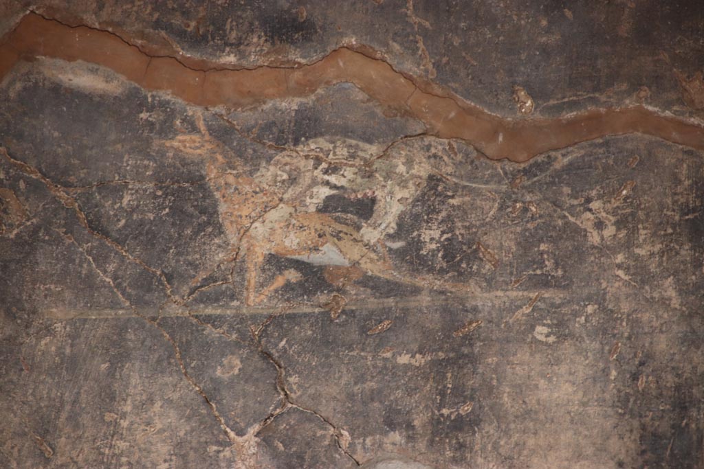 V.4.a Pompeii. October 2023. 
Room ‘b’, detail of painted decoration from upper east wall in centre above opening into tablinum. Photo courtesy of Klaus Heese.

