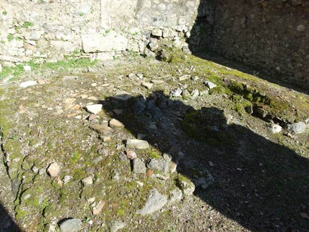 V.4.b Pompeii. March 2009. Triclinium in small garden, looking south-east.
According to Jashemski, the masonry triclinium occupied a large part of the garden, (L.medius 3.00m; l. imus and l. summus, 2.69m).
It had a round table, 0.65m in diameter. The lectus imus had a fulcrum.
There were three large round holes in the masonry couches, perhaps for holding the posts for a pergola.
Jashemski sources –
Mau, RM (1901), p.363;
Sogliano, NSc, (1901), p.261, 330, 331, and plan on p.329;
Soprano, p.299, no. 11;
Dohl, p.14.
See Jashemski, W. F., 1993. The Gardens of Pompeii, Volume II: Appendices. New York: Caratzas. (p.117)


