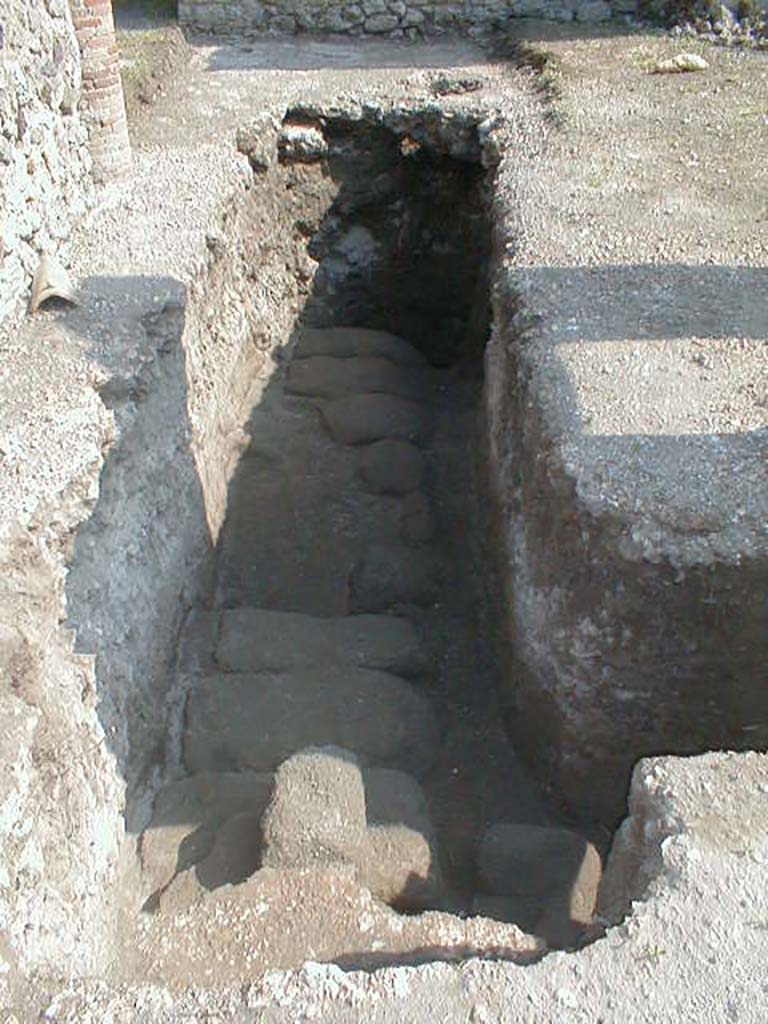 V.5.3 Pompeii. September 2004. Room 7, south-east corner of peristyle. Excavations to an earlier and lower level.
See D. Esposito, Regio V, insula 5, Relazione sulla prima campagna di scavi: in Rivista di Studi Pompeiani, 2005, XVI, (p. 156-166)
