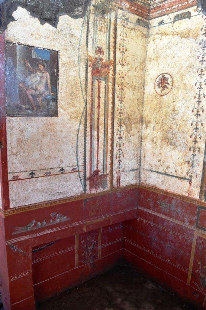 V.6.12 Pompeii. February 2019. Cubiculum. Corner with Leda fresco and bed niche. 
A small painted panel can be seen at the top of each of the two walls.
The entire Leda room is characterised by sophisticated Fourth Style decorations, with delicate floral embellishments, interspersed by griffins with cornucopia, winged cupids, still lifes and scenes of combat between animals. The harmony of these exquisite designs even extended to the ceiling, which completely collapsed under the weight of the lapilli, and whose fragments were recovered by restorers and used to reconstruct the story. 

Cubiculum. Angolo con affresco Leda e nicchia letto.
Un piccolo pannello dipinto può essere visto nella parte superiore di ciascuna delle due pareti.
Decori raffinati di IV stile caratterizzano l'intera stanza di Leda, con delicati ornamenti floreali, intervallati da grifoni con cornucopie, amorini volanti, nature morte e scene di lotte tra animali. Finanche sul soffitto, rovinosamente crollato sotto il peso dei lapilli, si estendeva l'armonia di questi pregiati disegni, i cui frammenti sono stati recuperati dai restauratori per ricomporne la trama.

Photograph © Parco Archeologico di Pompei.
