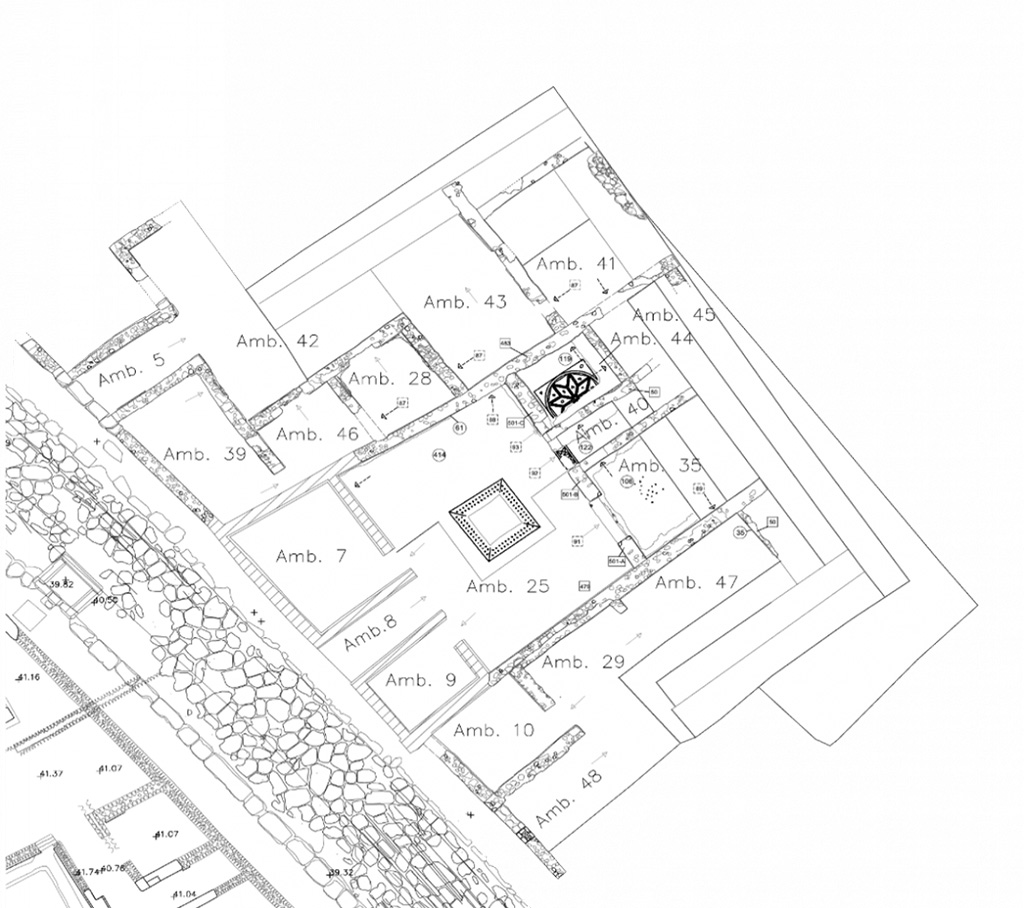 V.6.13 Pompeii. March 2024. Plan, including some details of floors.
Vedi/See E-Journal 01: 01.03.24, Interventi conservativi e nuovi scavi nella Casa di Leda. Dalla tutela alla conoscenza di un’abitazione del ceto medio di Pompei, Fig. 1.
Photograph © Parco Archeologico di Pompei.

