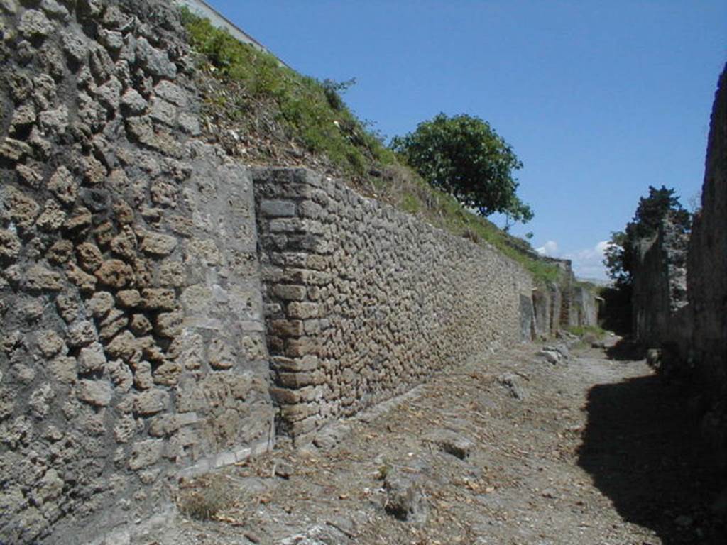 V.6 Vicolo delle Nozze d’Argento from Via del Vesuvio looking east at V.6.a/b/c. May 2005.
According to NdS – 
“In the opposite wall there are three doorways: the wall on the sides of the first (doorway) was unadorned, the one on the sides of the second (doorway) bears a high zoccolo of signinum, the wall on the sides of the third (doorway) a zoccolo painted in imitation of colored marble slabs and with white plaster at the top.”
(Nella parete opposta vi son tre vani:la parete ai lati del primo era affatto disadorna, quella ai lati del secondo reca un alto zoccolo di signino, quella ai lati del terzo uno zoccolo dipinto ad imitazione di lastre marmoree colorate e un intonaco bianchiccio in alto.)
See Notizie degli Scavi, 1910, (p.378).
