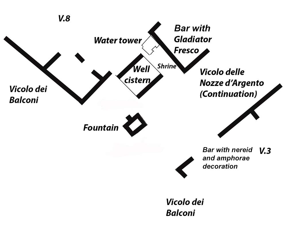 Pompei V.8. Pianta. Quadrivio con torre d’acqua, pozzo-cisterna, fontana e bar con l'affresco dei gladiatori combattenti. 
Pompeii V.8. Plan. Crossroads with water tower, well/cistern, fountain and bar with the fresco of gladiators in combat. 
See Osanna, M., 2019. Pompei: Il Tempo Ritrovato. Milano: Rizzoli, (p. 158, fig. 1.)
