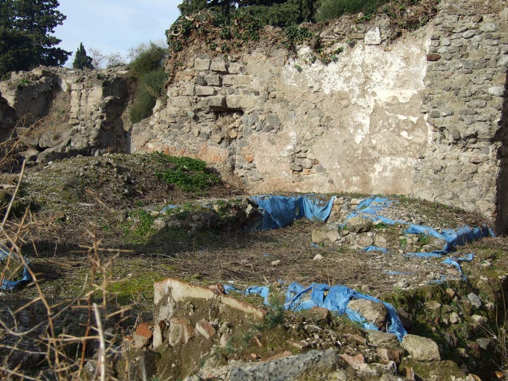 VI.1.1 Pompeii. December 2007. Looking north-west towards triclinium (under blue sheeting) from VI.1.4.
According to Jashemski, -
the small inn (excavated in 1787) just inside the Porta Ercolano had a garden with a masonry triclinium shaded by a vine-covered pergola. 
The holes in the rear wall, in which the ends of the beams of the pergola were set, were visible at the time of excavation. 
A gutter along the south edge of the garden collected rain water which was deposited in the cistern opening in the south-west corner of the garden.
See Jashemski, W. F., 1993. The Gardens of Pompeii, Volume II: Appendices. New York: Caratzas. (p.119)
According to Fiorelli, the triclinium had three couches of brick, and the walls were in part adorned by pictures.
See Pappalardo, U., 2001. La Descrizione di Pompei per Giuseppe Fiorelli (1875). Napoli: Massa Editore. (p. 47)
