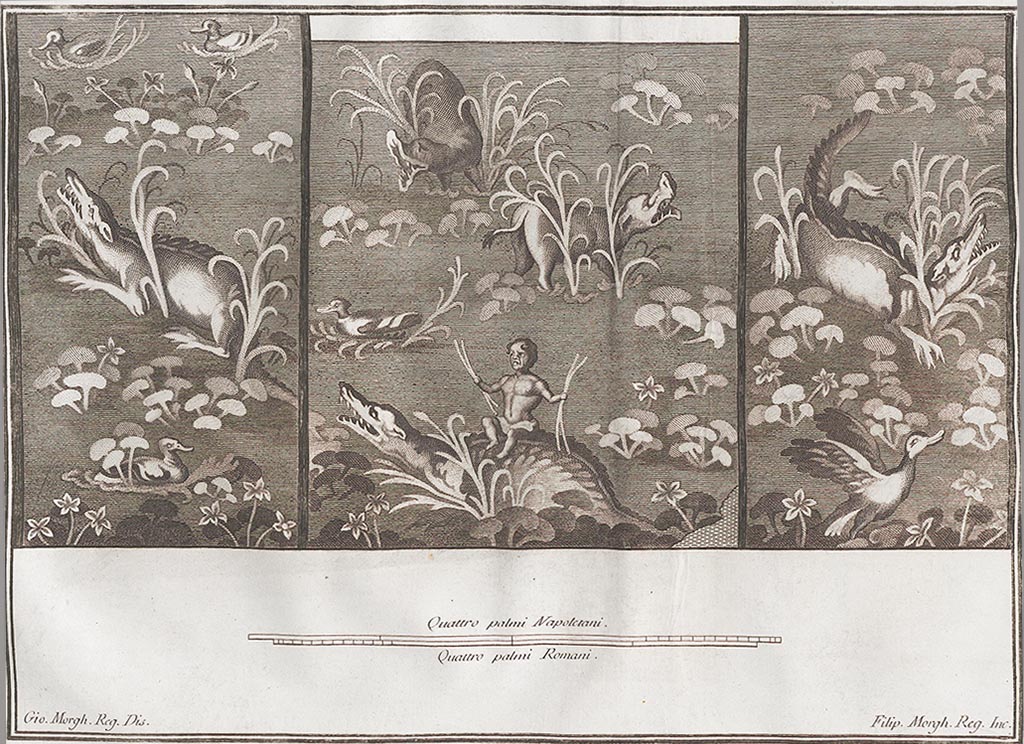 VI.1.1 Pompeii. Three paintings of Egyptian swamps forming part of a wall, found in one of the shops situated near to the Gate of the city of Pompeii.
Many reeds were painted, plants of the Nile with leaves, and flowers of white colour, some ducks, two hippos, and three crocodiles, on one of which a pygmy was seated.
See Antichità di Ercolano: Tomo Setto: Le Pitture 5, 1779, Tav LXVI, p.295.

