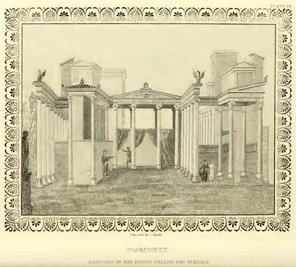 VI.1.7 Pompeii. c.1819. Painting, according to Gell, seen in the House called of the Vestals. 
According to Gell – 
“This probably represents a scene in a play. The artist seems to have possessed considerable knowledge of perspective, and has also displayed some acquaintance with architectural composition; but the whole is too precisely represented in the engraving.
In the original, all the ornamented parts are undetermined in form, though not in character: the figures, also, are sketches. 
The border is from a room; the ground yellow, flowers alternately green and red.”
See Gell, W, and Gandy J. P., 1819. Pompeiana. London: Rodwell and Martin, Plate XXIV.
See a similar painting at VI.13.2, a wall painting of Medea and the daughters of Pelias, from the summer triclinium.
Now in Naples Archaeological Museum. Inventory number 111477. 
However, VI.13.2 was only partially excavated c.1830’s, so would not appear to be the same.

