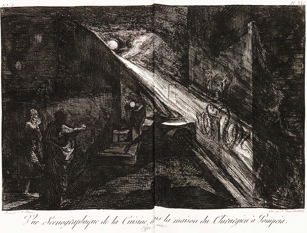 VI.1.10 Pompeii. Pre-1804. Room 11, drawing by Piranesi, of kitchen scene in House of Surgeon.
See Piranesi, F, 1804. Antiquités de la Grande Grèce : Tome I. Paris : Piranesi and Le Blanc. Vol. I, pl. XXI.
