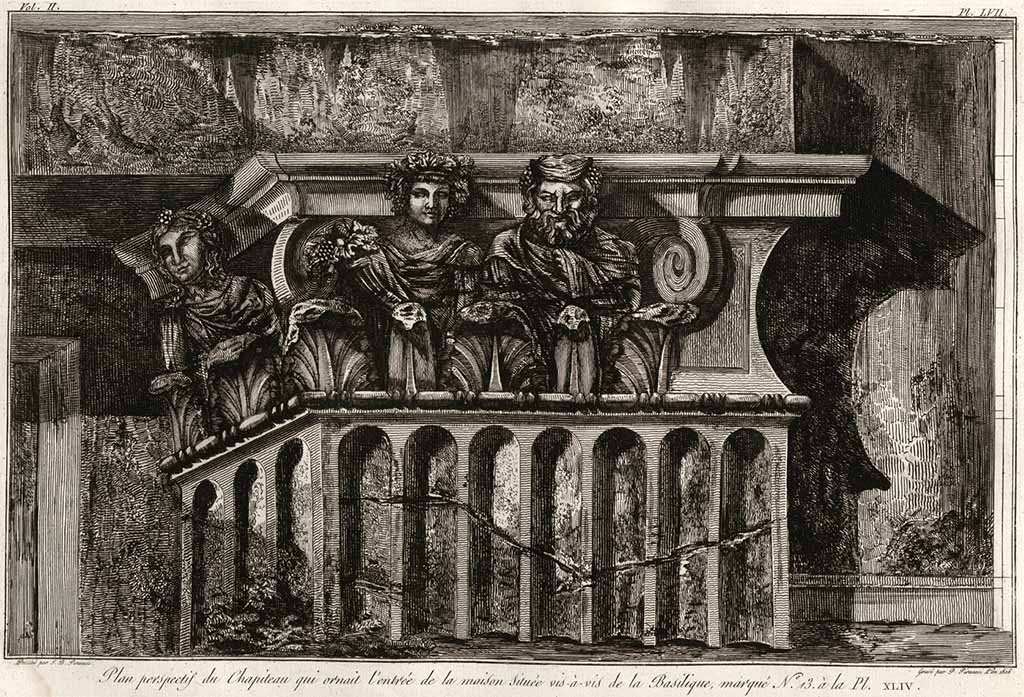 According to Piranesi, this shows a
“Plan perspectif du Chapiteau qui ornait l’entrée de la maison située vis-à-vis de la Basilique, marque No.13 a la Pl. XLIV.”
See Piranesi, F, 1804. Antiquités de la Grande Grèce : Tome II. Paris : Piranesi and Le Blanc, pl. LVII.
(Translating as –
“Perspective plan of the capital that adorned the entrance of the house located facing the Basilica, marked No.13 on the Pl. XLIV”)
No.13 on the plan (Pl. XLIV) would appear to be the House of Sallust/Acteon, which according to Mazois and Chenavard had different capitals. 
This differs from both Chenavard and Mazois in that the front bearded figure, who has no pipes, and his companion, who is holding a cornucopia, are reversed.
