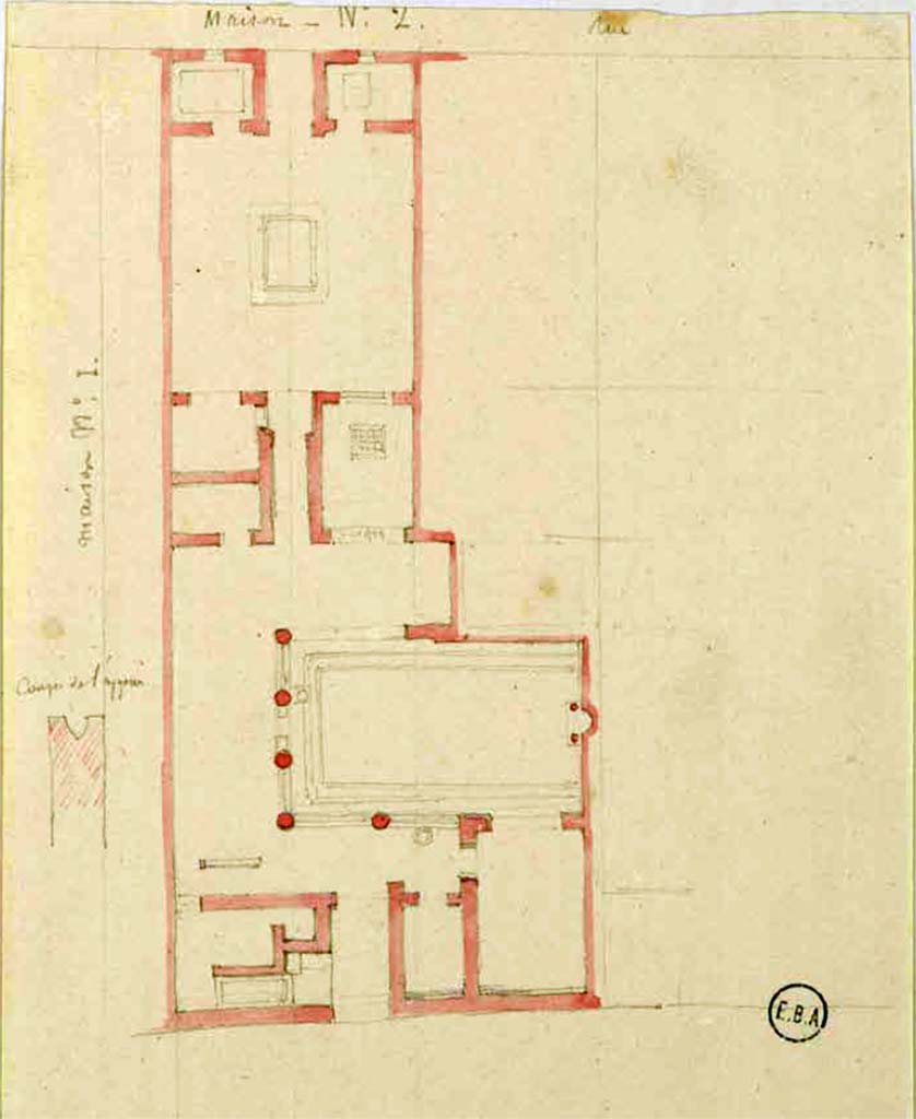 VI.2.15/22 Pompeii. Sketch of plan, with rear entrance at VI.2.15 (lower) on Vicolo di Narciso.
The main entrance at VI.2.22 (top) on Vicolo di Modesto.
See Lesueur, Jean-Baptiste Ciceron. Voyage en Italie de Jean-Baptiste Ciceron Lesueur (1794-1883), pl. 22.
See Book on INHA reference INHA NUM PC 15469 (04)  « Licence Ouverte / Open Licence » Etalab
