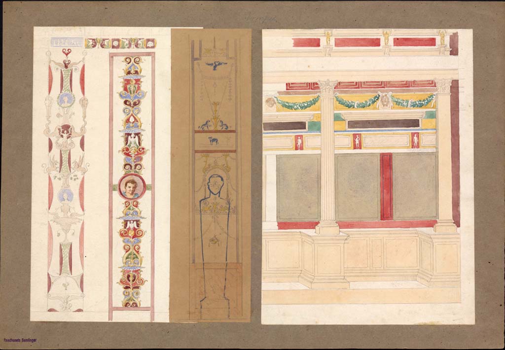 VI.2.16, Pompeii, candelabra on left, detail from tablinum. Painting by Vilhelm Dahlerup (1836-1907). 
Photo  Danmarks Kunstbibliotek, inv. no. ark_19789h.
