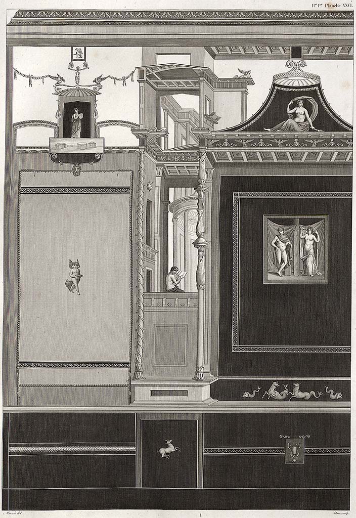 VI.2.16 Pompeii. Part of wall of room, by Mazois, and may be the north wall of the exedra/oecus on north side of peristyle.
See Mazois, F., 1824. Les Ruines de Pompei : Second Partie. Paris: Firmin Didot, pl. XXVI.
