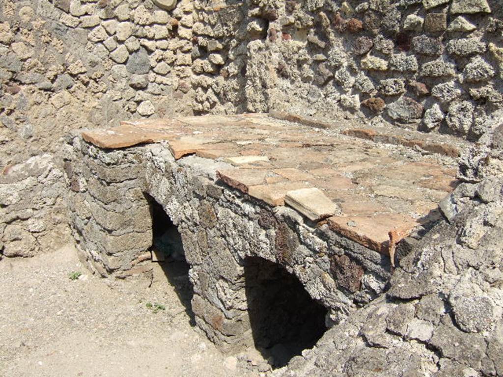 VI.2.16 Pompeii. September 2005. Kitchen hearth on east side of kitchen. At the rear of the photograph, on the left, was possibly a latrine.
See Hobson, B., 2009. Latrinae et foricae: Toilets in the Roman World. London; Duckworth. (p.68)

