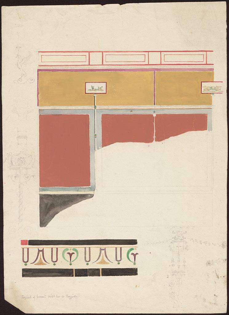 VI.2.16 Pompeii. Undated painting of part of atrium wall by Martin Borch (1852-1937).
Photo © Danmarks Kunstbibliotek, inv. no. ark_16452.
