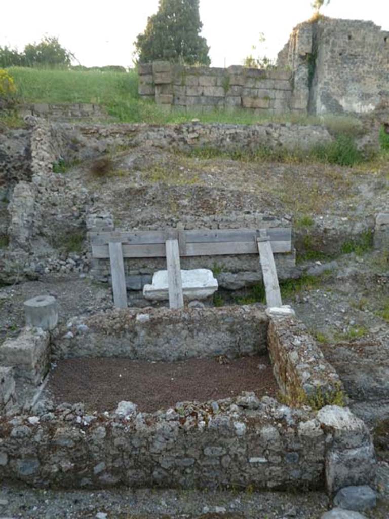 VI.2.19 Pompeii. May 2011.  Looking north across the impluvium towards Tower XII, and the City walls. 
