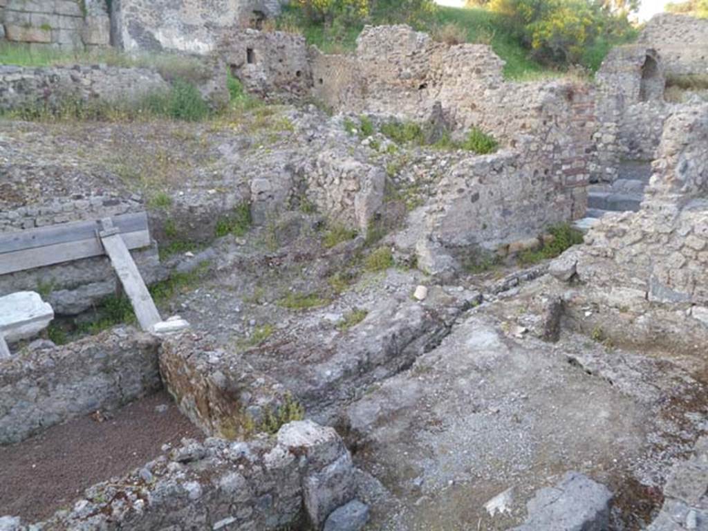 VI.2.19 Pompeii. May 2011.  Looking north-east across the impluvium towards the entrance corridor onto Vicolo di Modesto. In the upper right of the photograph, insula VI.5 can be seen.
