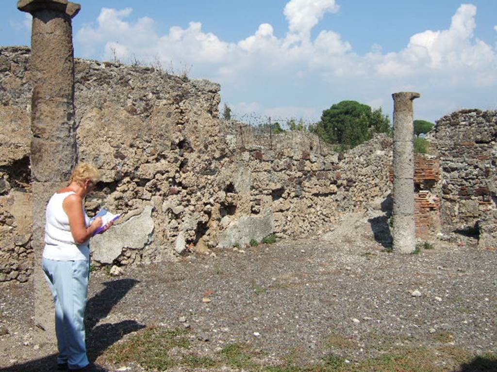 VI.2.25 Pompeii. September 2005. North side of peristyle, looking north-east. In the north-east corner was the kitchen, a storeroom and another set of stairs to upper floor.
