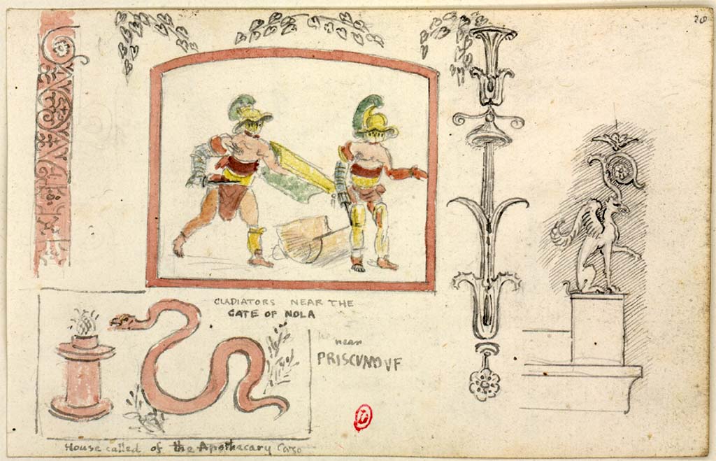 VI.4.1 Pompeii. c.1819. Lower left, drawing by William Gell of street shrine, described by him as from House called of the Apothecary Conso.
The sketch of the Gladiators, he said was from Near the Gate of Nola
See Gell W & Gandy, J.P: Pompeii published 1819 [Dessins publis dans l'ouvrage de Sir William Gell et John P. Gandy, Pompeiana: the topography, edifices and ornaments of Pompei, 1817-1819], pl. 77.
See book in Bibliothque de l'Institut National d'Histoire de l'Art [France], collections Jacques Doucet Gell Dessins 1817-1819
Use Etalab Open Licence ou Etalab Licence Ouverte
