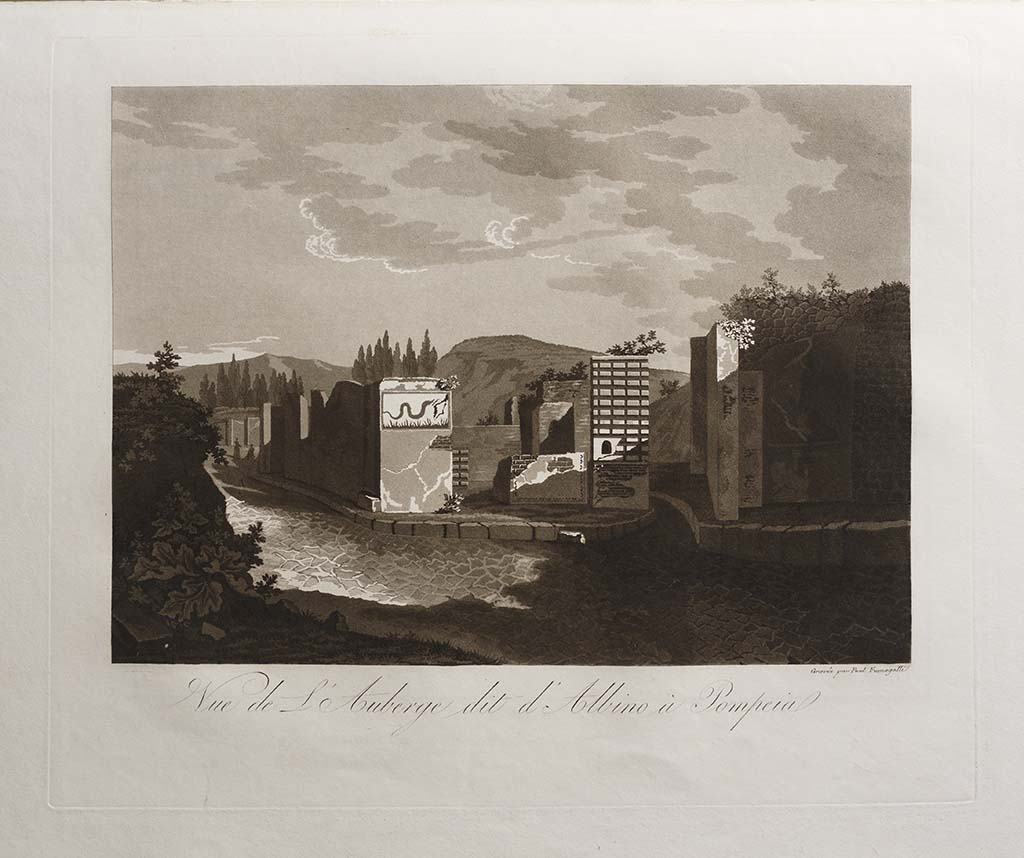 VI.4.1 Pompeii. 1822-4 painting by Paolo Fumagalli showing faade, street shrine and snake painting.
The snake painting is reversed from that of Mazois and Gell. 
The painting has the title Vue de l'Auberge dit d'Albino  Pompeia.
The narrative in his book though describes clearly the hospitium of Albinus at VI.17.1.
See Fumagalli P. Pompeia, trattato pittorico, storico, e geometrico, opera disegnata negli anni 1824 al 1830, Firenze: Fumagalli, p. 37 and unnumbered picture.
Photo courtesy Thorvaldsensmuseum Copenhagen. Inventory number E550,50. 
See photo on museum web site  CC0 dedicated to Public Domain
