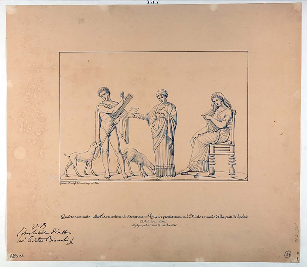 VI.5.1 and VI.5.2 Pompeii. Pen and ink drawing by Giuseppe Marsigli, 1835, of the above painting showing Phaedra, Hippolytus and the nurse. 
Now in Naples Archaeological Museum. Inventory number ADS 136.
Photo  ICCD. http://www.catalogo.beniculturali.it
Utilizzabili alle condizioni della licenza Attribuzione - Non commerciale - Condividi allo stesso modo 2.5 Italia (CC BY-NC-SA 2.5 IT)
