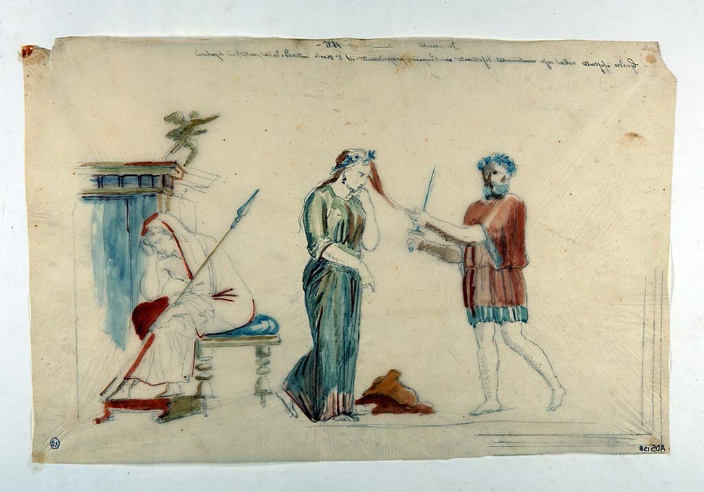 VI.5.1 and VI.5.2 Pompeii. Painting made by Giuseppe Marsigli in pencil/crayon/chalk with watercolours, showing sacrifice of Iphigenia. 
This painting is shown reversed from that on the ICCD site and we show it as it is in Disegnatori which has the note montata a rovescio (mounted backward) and with the writing sul rovescio del foglio (on the reverse of the sheet). ADS 137 and ADS 138 are both dated 1935 and described as a house recently uncovered propriamente nel secondo Vicolo entrando dalla parte dei Sepolcri. They would therefore indicate the same house and the same painting.
See Carratelli, G. P., 2003. Pompei: La documentazione nell'Opera di disegnatori e pittori dei secoli XVIII e XIX. Roma: Istituto della enciclopedia italiana, p. 227 no. 126.
Now in Naples Archaeological Museum. Inventory number ADS 138.
Photo  ICCD. http://www.catalogo.beniculturali.it
Utilizzabili alle condizioni della licenza Attribuzione - Non commerciale - Condividi allo stesso modo 2.5 Italia (CC BY-NC-SA 2.5 IT)
The original painting is also now in the Naples Archaeological Museum.
