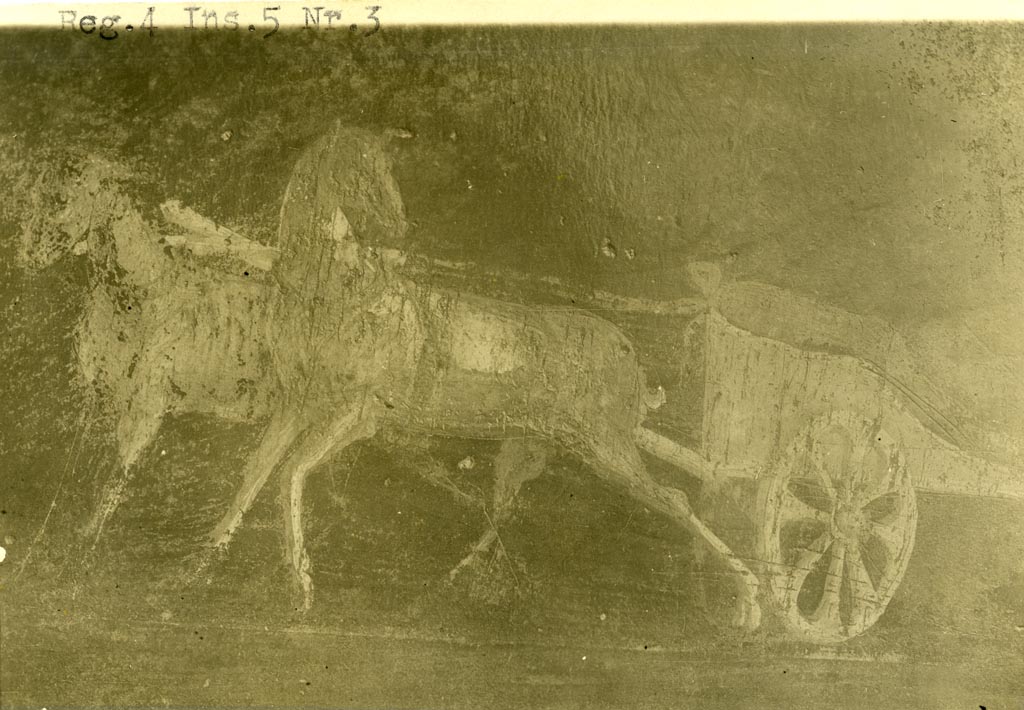 VI.5.3 Pompeii but shown as IV.5.3 on photo. Pre-1937-39. 
Painting from west wall in south-west corner of atrium showing chariot being pulled by two animals.
Photo courtesy of American Academy in Rome, Photographic Archive. Warsher collection no. 1674.
