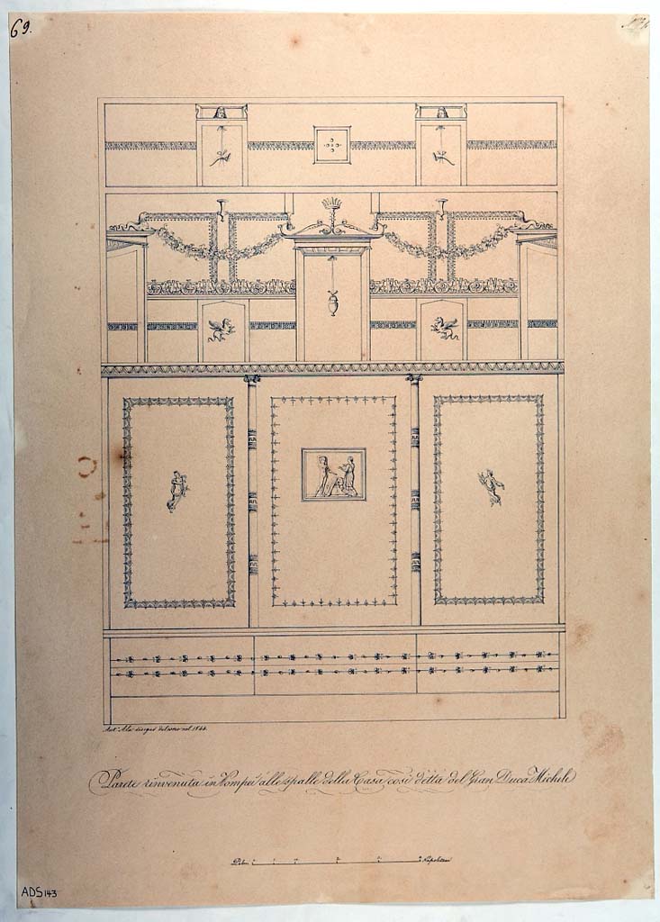 VI.5.3 Pompeii. Room 20. Drawing by Antonio Ala, 1844, of IV Style decorated north wall, with central painting showing Arianna and Theseus. 
Now in Naples Archaeological Museum. Inventory number ADS 143.
Photo  ICCD. http://www.catalogo.beniculturali.it
Utilizzabili alle condizioni della licenza Attribuzione - Non commerciale - Condividi allo stesso modo 2.5 Italia (CC BY-NC-SA 2.5 IT)
