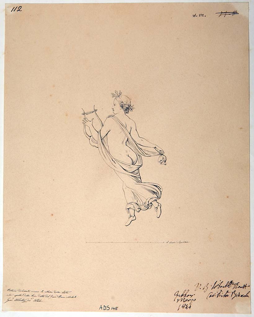 VI.5.3 Pompeii. Drawing by Giuseppe Abbate, 1844, floating figure with lyre, see no. 1933 as described by Helbig. 
Now in Naples Archaeological Museum. Inventory number ADS 145.
Photo  ICCD. http://www.catalogo.beniculturali.it
Utilizzabili alle condizioni della licenza Attribuzione - Non commerciale - Condividi allo stesso modo 2.5 Italia (CC BY-NC-SA 2.5 IT)
