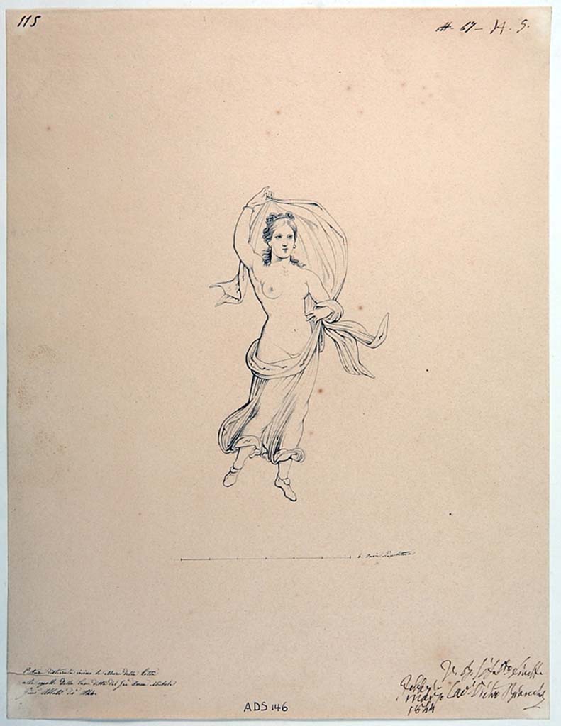 VI.5.3 Pompeii. Drawing by Giuseppe Abbate, 1844, floating female figure, see no. 1903 as described by Helbig. 
Now in Naples Archaeological Museum. Inventory number ADS 146.
Photo  ICCD. http://www.catalogo.beniculturali.it
Utilizzabili alle condizioni della licenza Attribuzione - Non commerciale - Condividi allo stesso modo 2.5 Italia (CC BY-NC-SA 2.5 IT)
