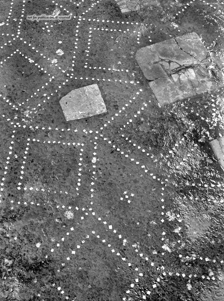 VI.5.3 Pompeii. c.1930. 
Room 20, the flooring shows the coloured marble tiles interrupting the decoration of white tesserae. 
DAIR 41.762. Photo  Deutsches Archologisches Institut, Abteilung Rom, Arkiv.
See Pernice, E.  1938. Pavimente und Figrliche Mosaiken: Die Hellenistische Kunst in Pompeji, Band VI. Berlin: de Gruyter, (tav. 47,2 above.)
