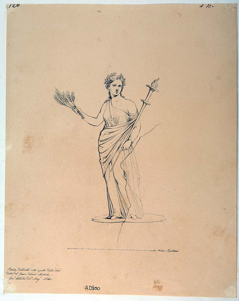 VI.5.3 Pompeii. Drawing by Giuseppe Abbate, 1844, of painted panel showing Demeter, found in room 1, now disappeared. 
Now in Naples Archaeological Museum. Inventory number ADS 150.
Photo © ICCD. http://www.catalogo.beniculturali.it
Utilizzabili alle condizioni della licenza Attribuzione - Non commerciale - Condividi allo stesso modo 2.5 Italia (CC BY-NC-SA 2.5 IT)
