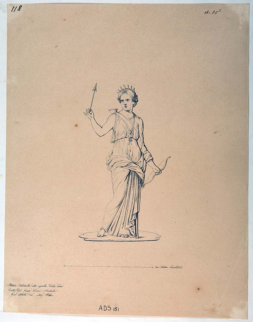 VI.5.3 Pompeii. Drawing by Giuseppe Abbate, 1844, of painted panel showing Artemis, found in room 1, now disappeared. 
Now in Naples Archaeological Museum. Inventory number ADS 151.
Photo © ICCD. http://www.catalogo.beniculturali.it
Utilizzabili alle condizioni della licenza Attribuzione - Non commerciale - Condividi allo stesso modo 2.5 Italia (CC BY-NC-SA 2.5 IT)
