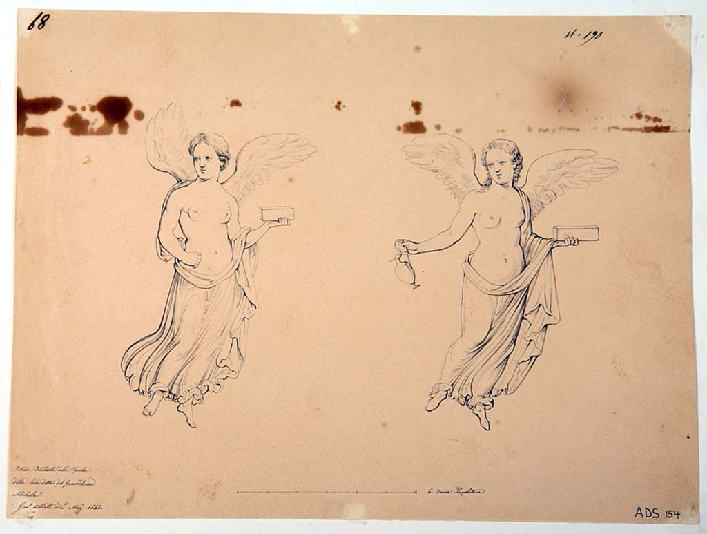 VI.5.3 Pompeii. Drawing by Giuseppe Abbate, 1844, of two vignettes of flying cupids, perhaps found in room 1, now disappeared. 
Now in Naples Archaeological Museum. Inventory number ADS 154.
Photo © ICCD. http://www.catalogo.beniculturali.it
Utilizzabili alle condizioni della licenza Attribuzione - Non commerciale - Condividi allo stesso modo 2.5 Italia (CC BY-NC-SA 2.5 IT)
