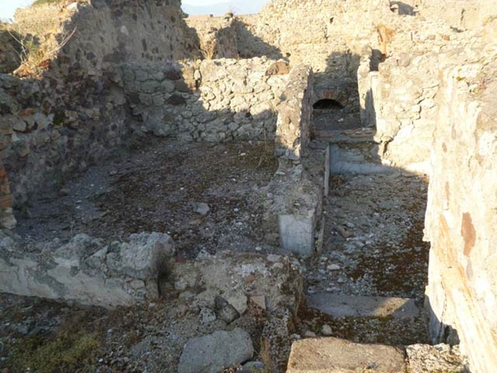 VI.5.9 Pompeii. May 2011. 
Looking east from garden area towards an oecus, with a corridor between it and the room linking to VI.5.19, on the right. 
The triclinium would have been at the rear of the wall on the right, but not photographed. 
Directly ahead along the corridor was the kitchen area.

