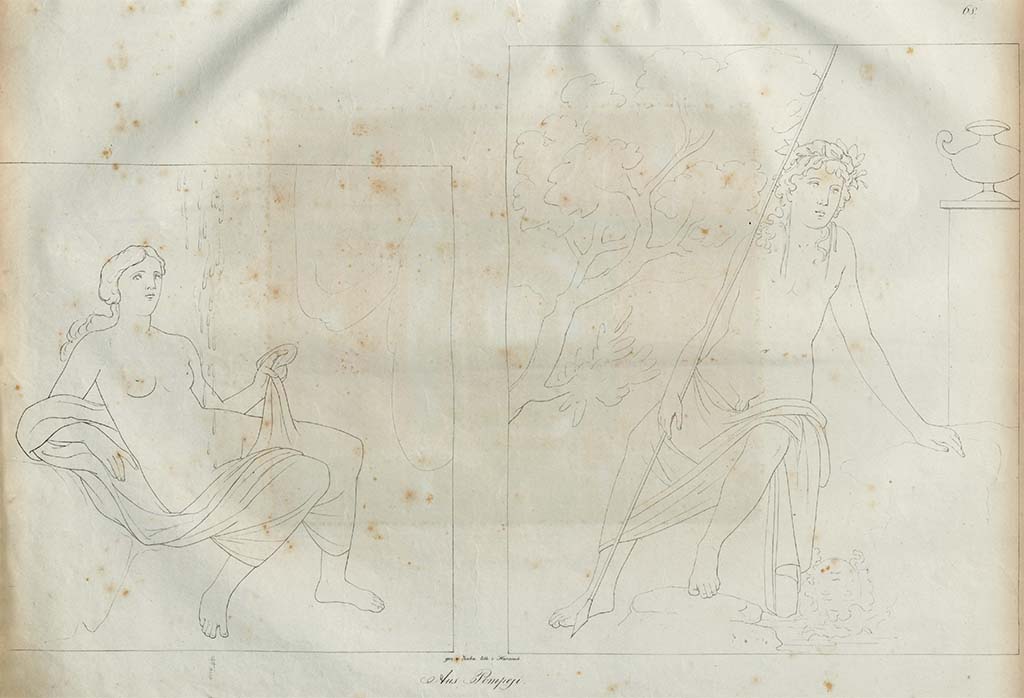 VI.6.1 Pompeii. Pre-1828. Room 15, sketch by Zahn of Danae, on the left.
On the right is a sketch of Narcissus, according to Zahn, 1828, this was from the Pantheon, according to his 1842 version, this was from VII.9.63/60, and already entered there. 
See Zahn, W., 1828. Die schönsten Ornamente und merkwürdigsten Gemälde aus Pompeji, Herkulanum und Stabiae: I. Berlin: Reimer, taf. 68.
