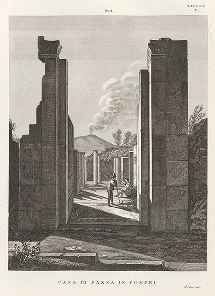 VI.6.1 Pompeii. 1845 drawing of entrance with PANSA on left pillar.
See Zuccagni Orlandini, A., 1845. Atlante Illustrativo ossia raccolta dei principali monumenti italiani antichi, del medioevo e moderni e di alcune vedute pittoriche: Vol III: Regno delle due Sicilie. Firenze, Tav. V, n.2.
