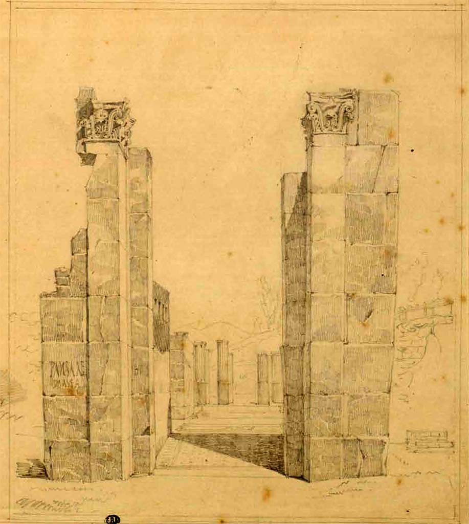 VI.6.1 Pompeii. Between 1823 and 1828, sketch by F. Duban, looking north through entrance doorway.
See Duban F. Album de dessins d'architecture effectués par Félix Duban pendant son pensionnat à la Villa Medicis, entre 1823 et 1828: Tome 2, Pompéi, pl. 31.
INHA Identifiant numérique NUM PC 40425 (2)
https://bibliotheque-numerique.inha.fr/idurl/1/7157  « Licence Ouverte / Open Licence » Etalab
