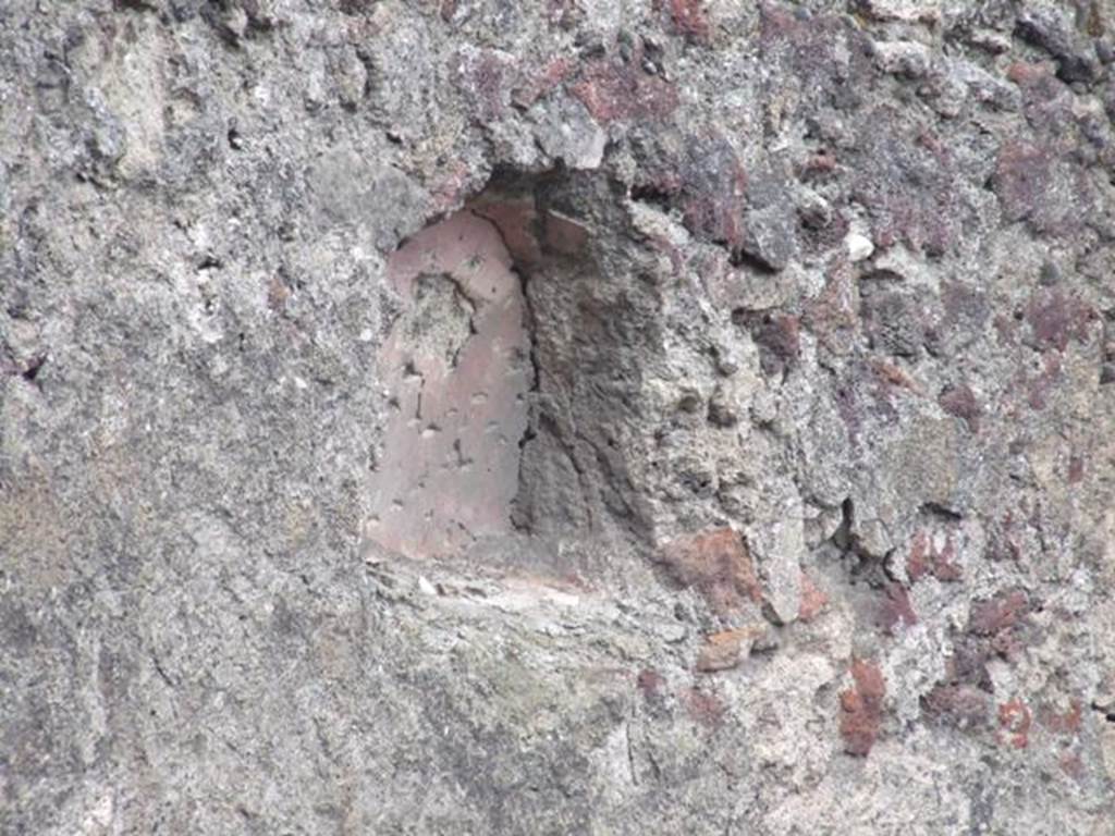 VI.6.2 Pompeii. December 2007.  Niche on west wall. According to Boyce, on the west wall was an arched niche, called by Fiorelli la nicchia dei Penati.
See Boyce G. K., 1937. Corpus of the Lararia of Pompeii. Rome: MAAR 14. (p. 47, no. 157)  See Pappalardo, U., 2001. La Descrizione di Pompei per Giuseppe Fiorelli (1875). Napoli: Massa Editore. (p. 55)
