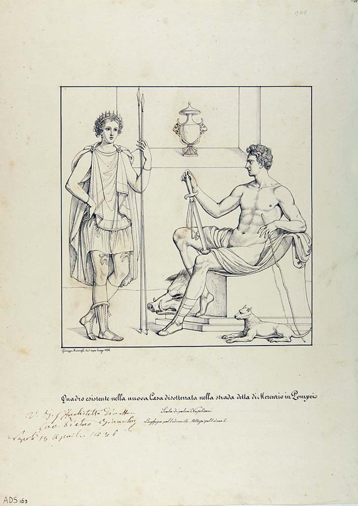 VI.7.3 Pompeii. Pen and ink drawing by Giuseppe Marsigli, 1836, showing Artemis with a hunting companion. 
Now in Naples Archaeological Museum. Inventory number ADS 163.
Photo © ICCD. http://www.catalogo.beniculturali.it
Utilizzabili alle condizioni della licenza Attribuzione - Non commerciale - Condividi allo stesso modo 2.5 Italia (CC BY-NC-SA 2.5 IT)
