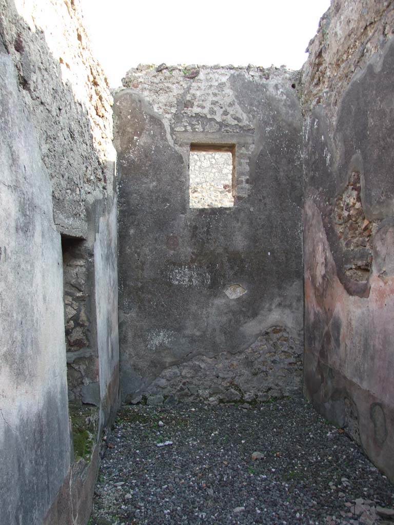 VI.7.6 Pompeii. March 2009. Room 2, looking south across cubiculum.
According to Varone, CIL IV 1410 was found on one of the walls of this cubiculum.
It was next to a painting of a serpent, bringer of good fortune, found in 1835.

Venus enim
plagiaria
est quia exsanguni
meum petit
in vies tumultu
pariet optet
sibi ut bene
naviget 
quod et
Ario sua r(ogat)    [CIL IV 1410]

Varone translated this as –
Venus is a weaver of webs; from the moment that she sets out to attack my dearest,
she will lay temptations along his way:
he must hope for a good voyage, which is also the wish of his Ario.

See Varone, A., 2002. Erotica Pompeiana: Love Inscriptions on the Walls of Pompeii, Rome: L’erma di Bretschneider. (p.25-26)
