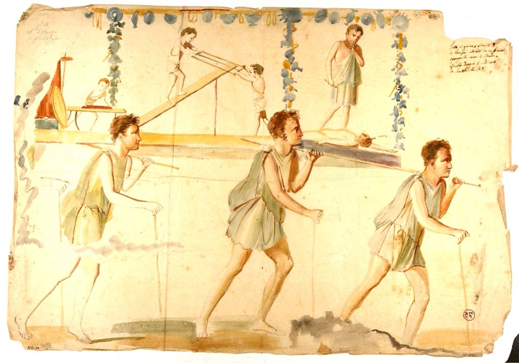 VI.7.9 Pompeii. Ink and watercolour of Procession of Carpenters made 3rd November 1827 and attributed to Giuseppe Marsigli. 
Now in Naples Archaeological Museum. Inventory number ADS 174.
Photo © ICCD. https://www.catalogo.beniculturali.it
Utilizzabili alle condizioni della licenza Attribuzione - Non commerciale - Condividi allo stesso modo 2.5 Italia (CC BY-NC-SA 2.5 IT)
